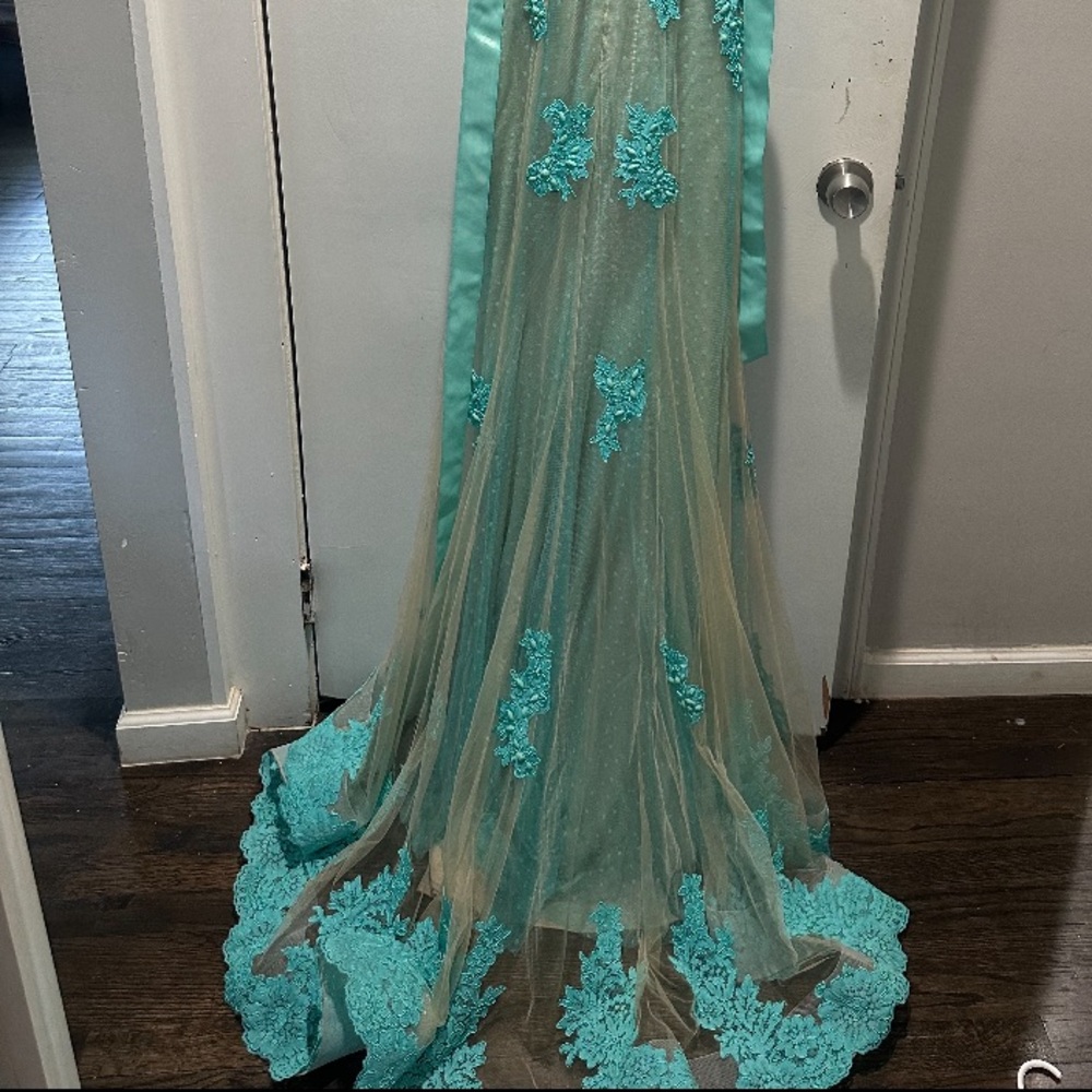 Women’s dress size 0. Aqua/teal lace with Nude underlay. Ribbon bow belt. - Picture 3 of 5